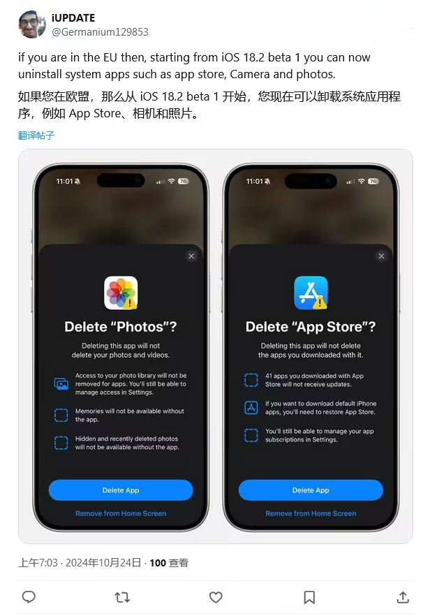 合肥苹果手机维修分享iOS 18.2 支持删除 App Store 应用商店 